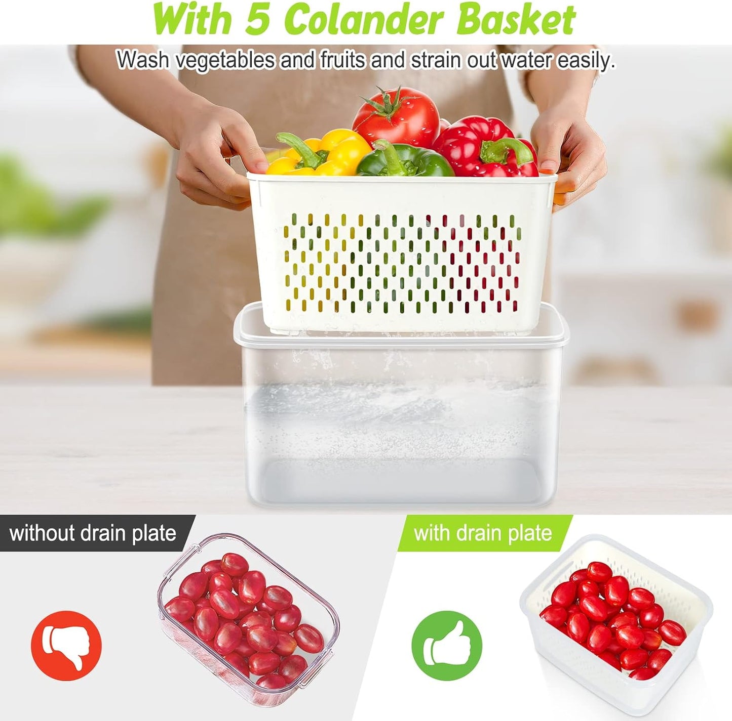 10 Pieces Fruit Storage Container for Fridge, 5 Pack Plastic Fruit Containers for Fridge with Removable Colander, Container for Fruit Berry Salad, BPA Free Kitchen Refrigerator Organizers