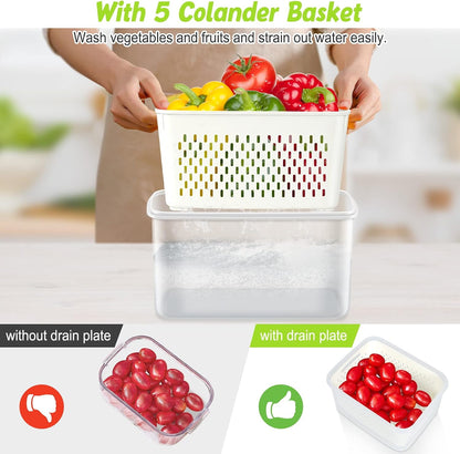 10 Pieces Fruit Storage Container for Fridge, 5 Pack Plastic Fruit Containers for Fridge with Removable Colander, Container for Fruit Berry Salad, BPA Free Kitchen Refrigerator Organizers