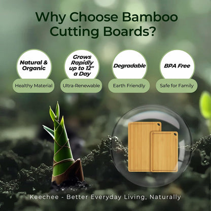 Keechee Wood Cutting Board for Kitchen - Reversible Bamboo Cutting Boards Gift Set of 3 with Juice Groove, Wooden Chopping Board for Meat, Fruit, Vegetables & Cheese (Pre Oiled, Natural)