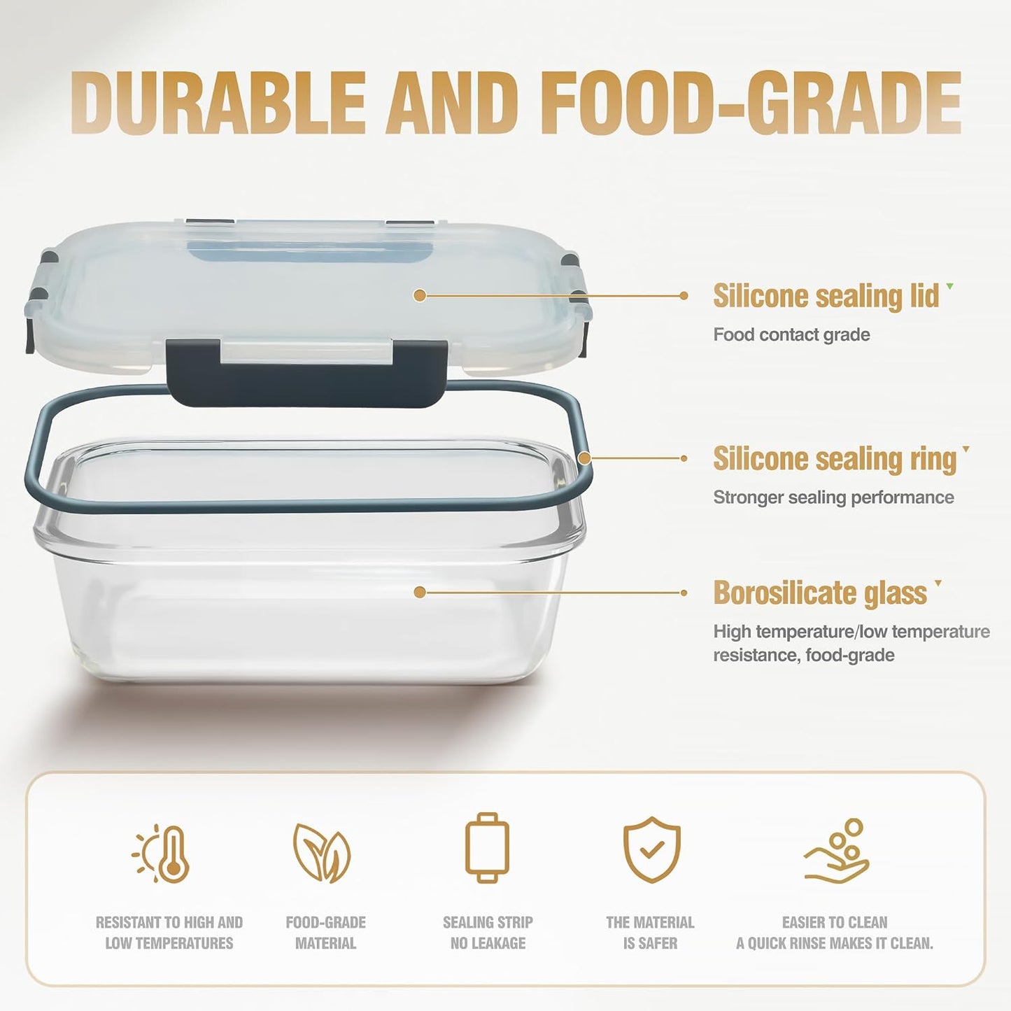 5-Piece Set, 36 oz Glass Meal Prep Containers with Snap-Lock Lids, Airtight Lunch Containers, Microwave, Oven, Refrigerator & Dishwasher Safe,Black