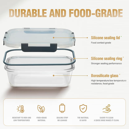 5-Piece Set, 36 oz Glass Meal Prep Containers with Snap-Lock Lids, Airtight Lunch Containers, Microwave, Oven, Refrigerator & Dishwasher Safe,Black