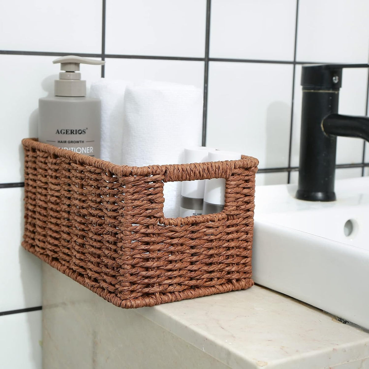 HOONEX Water Hyacinth Storage Baskets, Wicker Baskets for Storage, Hand Woven Baskets with Carry Handles, Set of 2, Natural