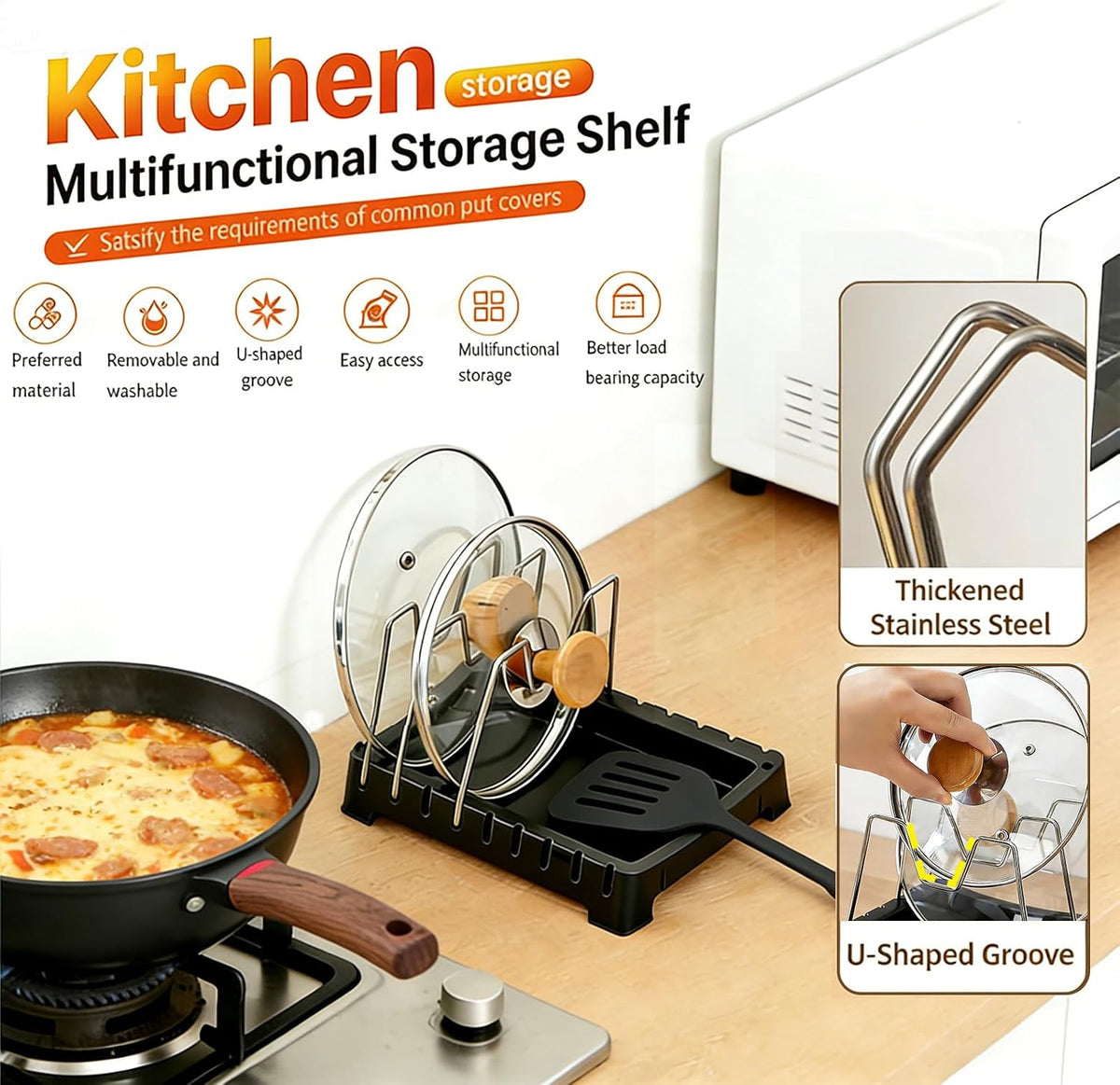Uidhch Adjustable Pot Lid Holder for Countertop with Drip Tray