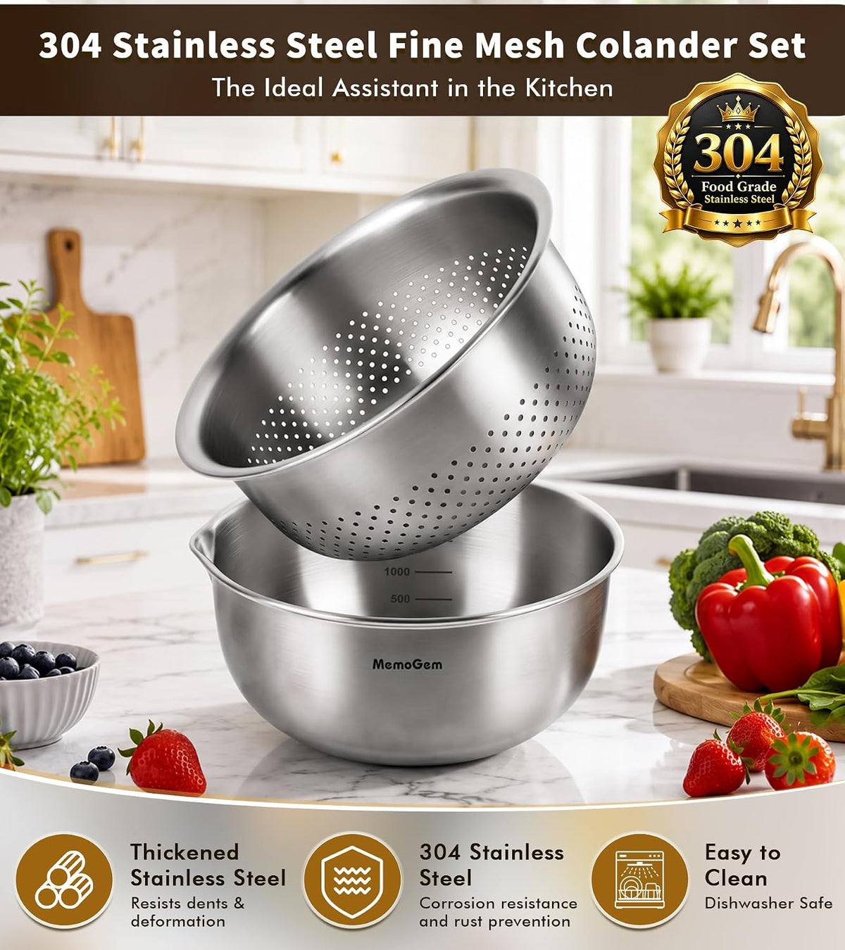304 Stainless Steel Fine Mesh Colander Set, 1QT Large Capacity Strainer with Mixing Bowl, Rust Resistant Metal Strainer Bowl for Rinse Fruits, Veggies, Rice & Drain Pasta, Cooking, Dishwasher Safe