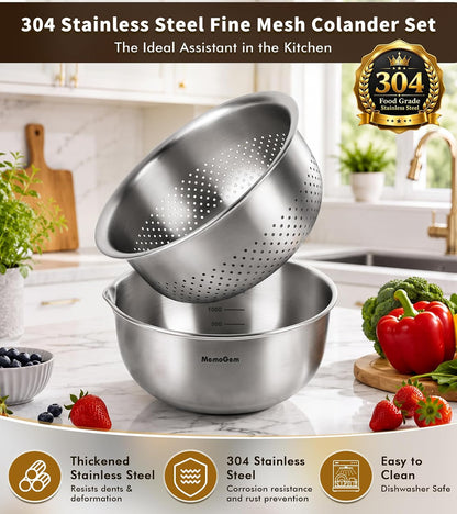 304 Stainless Steel Fine Mesh Colander Set, 1QT Large Capacity Strainer with Mixing Bowl, Rust Resistant Metal Strainer Bowl for Rinse Fruits, Veggies, Rice & Drain Pasta, Cooking, Dishwasher Safe