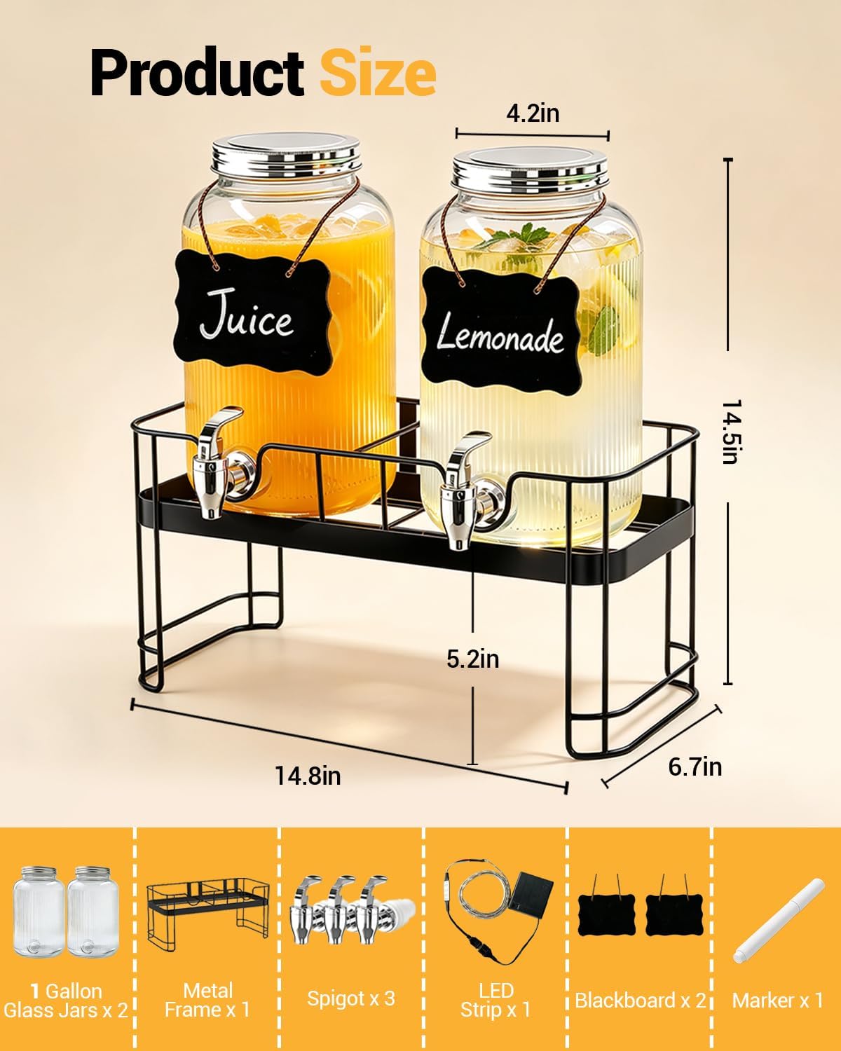 PAROTO Drink Dispensers for Parties, 2 Pack 1 Gallon Glass Beverage Dispenser with Stand and LED Strip Light, Lemonade Juice Water Dispenser with Spigot for Wedding Bar Picnic BBQ Buffet Event