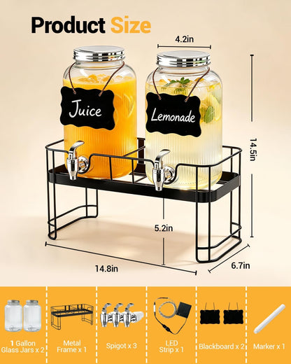 PAROTO Drink Dispensers for Parties, 2 Pack 1 Gallon Glass Beverage Dispenser with Stand and LED Strip Light, Lemonade Juice Water Dispenser with Spigot for Wedding Bar Picnic BBQ Buffet Event