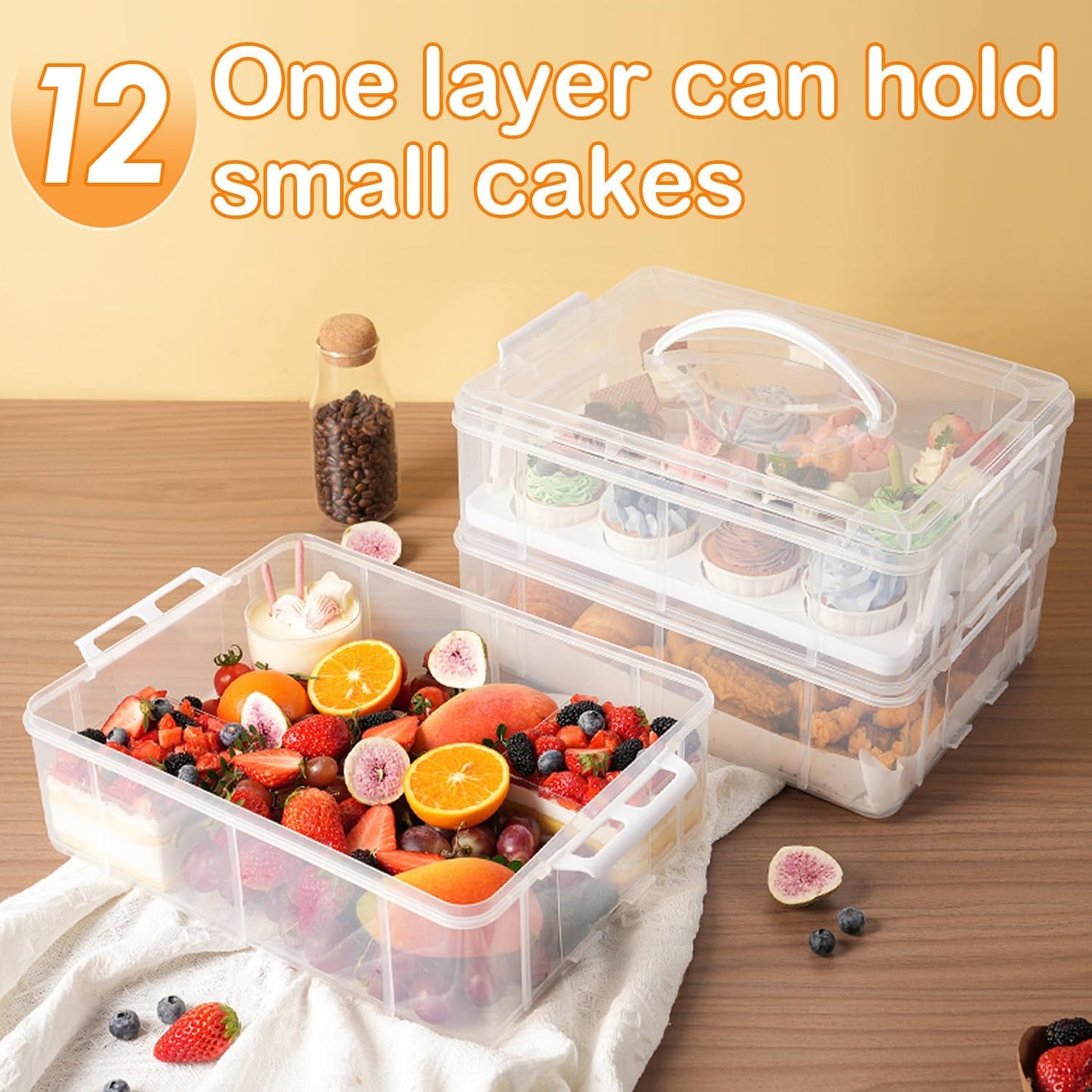 Cupcake Carrier Stackable Storage Container Collapsible Cake Carrier with Lid and Handle, with 50 PCS Cupcake liners,Reusable Plastic Dessert Travel Container,Transport Box (48 Cupcakes White)