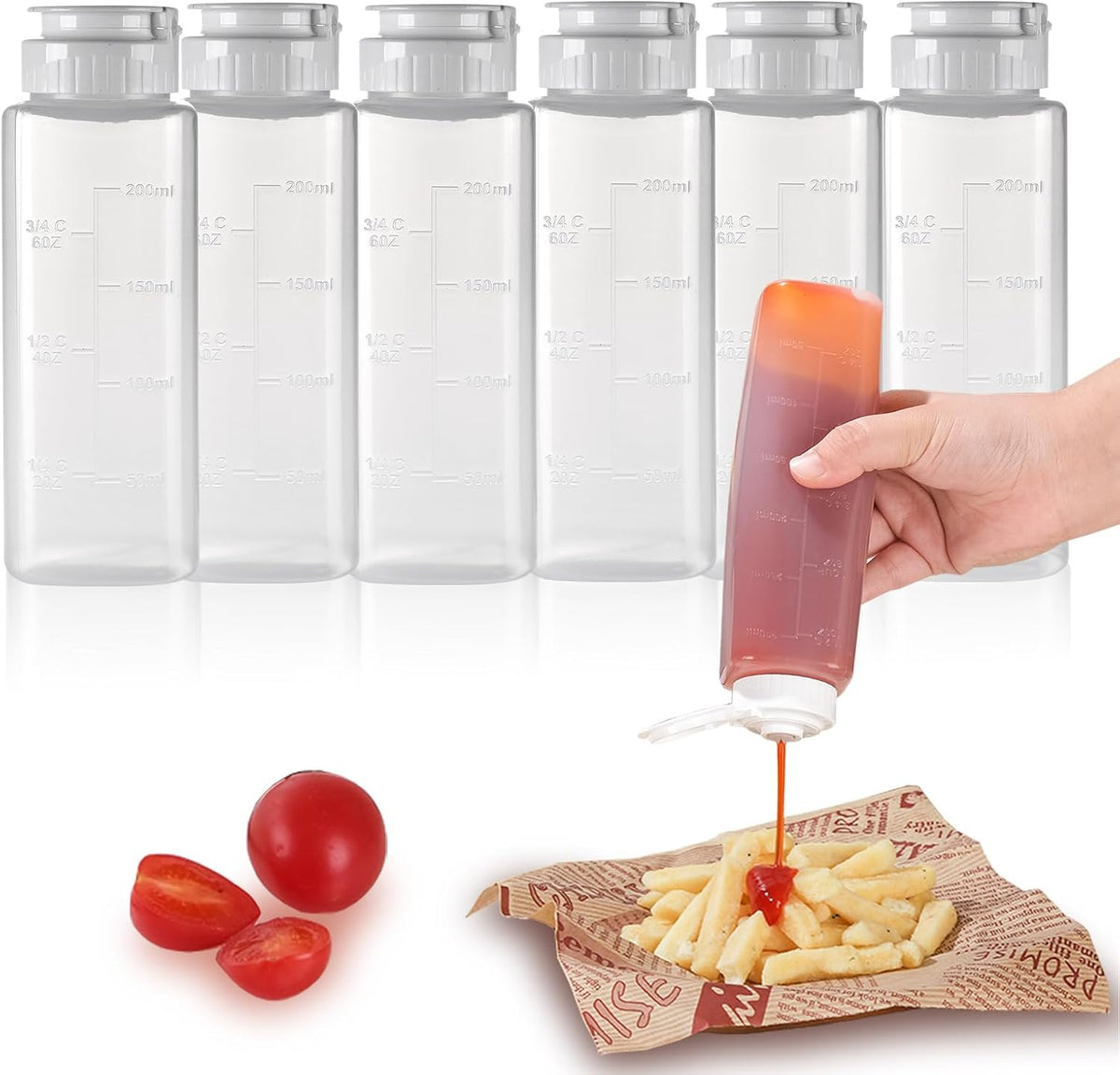 6 pack Inverted Squeeze Bottles for Hot Sauces Liquids Salad Dressing Honey Dispenser No Drip with Flip Top Silicone Valve