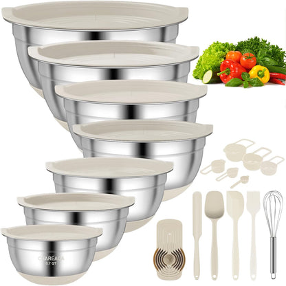 CHAREADA Mixing Bowls with Airtight Lids, 18pcs Stainless Steel Nesting Mixing Bowls Set Non-slip Silicone Bottom, Size 4.5, 3.6, 2.7, 2.1, 1.7, 1.1, 0.7 qt, Fit for Mixing & Serving(Colorful)