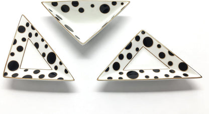 Porlien Triangle Porcelain Divided Serving Tray Set of 3 with Stand, Black and White Polka Dot Serving Platters, Small Plates for Desserts, Appetizers,Snacks, Fruits,Chips & Dip
