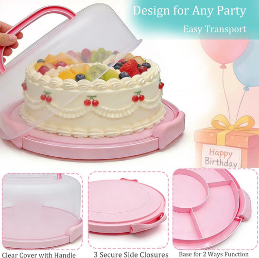 GIEHOUGRIO 10 inch Cake Carrier with Lid and Handle, 3 in 1 Multipurpose Plastic Cupcake Holder & Plastic Cover Two Sided Base for New Year, Christmas, Party, Various Holidays- Easy Transport (Pink)