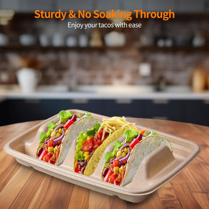 15PCS Disposable Taco Holders for Party, Premium Paper Taco Plates with Dividers, Fiesta Taco Tray Holder, Taco Stands for 3 Tacos, Taco Tuesday Lazy Susan Taco Bar Serving Set for a Party