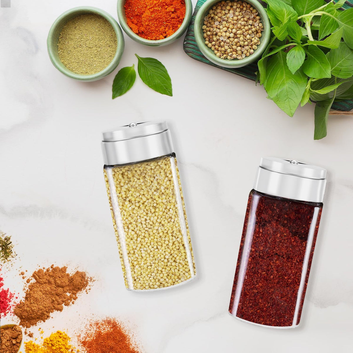 Segarty Spice Jars, 3 oz Spice Bottles with Shaker Lids, Glass Empty Seasoning Containers with Adjustable Pour Holes for Kitchen Spice Storage Stainless Steel Flow Top Salt and Pepper Shakers