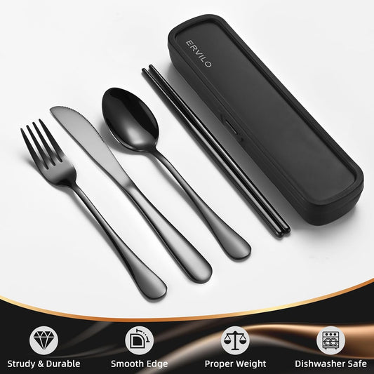Travel Utensils with Case, Stainless Steel Camping Cutlery Set, Reinforced Case with Snap-Lock Closure, Include Fork Spoon Knife Chopsticks, Portable Lunch Box Silverware for Picnic Office, Black