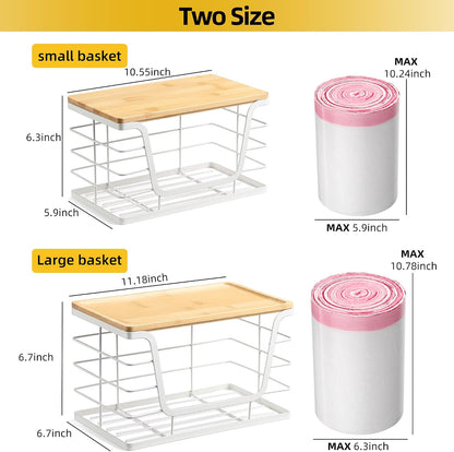 ALOCEO 2 Pack Stackable Wire Storage Basket with Bamboo Lid, Trash Bag Dispenser Under Sink for 4-13 Gal Bags, Kitchen Storage Bins for Potato and Onion, Brown