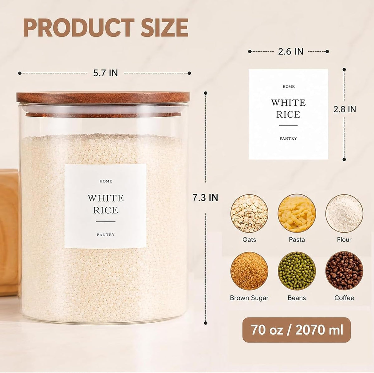 2 Pack Glass Rice Containers with Acacia Wood Lids, 70oz Airtight Flour and Sugar Jars with 105 Labels, Large Glass Pantry Storage Jars for Cereal, Protein Powder, Cookies, Dry Food