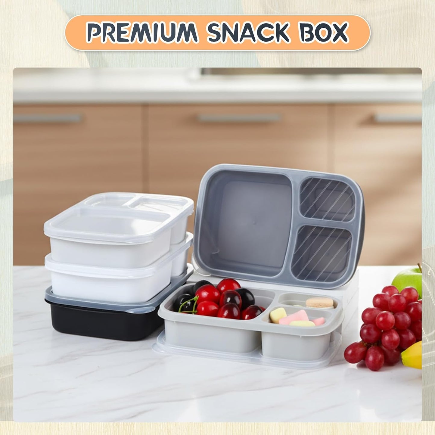 Honeydak 5 Pack Snack Containers 3 Compartment Bento Snack Boxes Divided Meal Prep Containers with Lids Reusable Adults Lunch Food Storage Box for School Work Travel(Elderberry)
