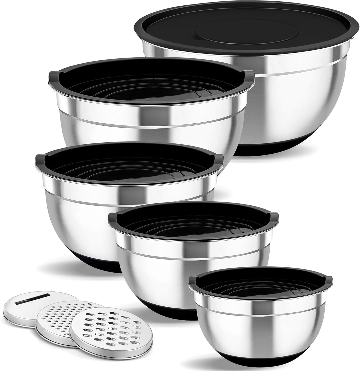 TeamFar Mixing Bowls, 5PCS Stainless Steel Nesting Salad Bowl with Lid & 3 Grater Attachments, for Prepping/Serving/Storing Food, Nontoxic, Airtight Lid & Non-slip Bottom - 4.6/3.5/2.5/1.5/1 QT