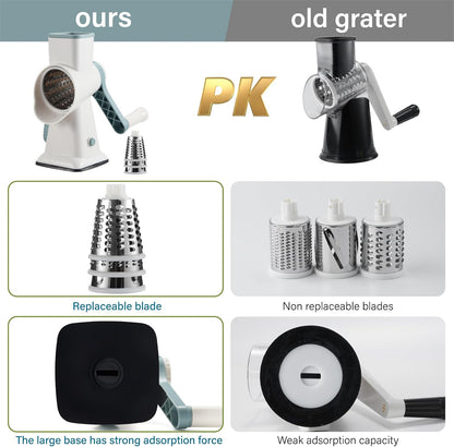 Rotary Cheese Grater hand crank 3 blades with Stronger Suction Base | Stainless Steel Blades for Fruits, Vegetables, Nuts. Dishwasher Safe & Easy to Clean, Transparent Black & Blue