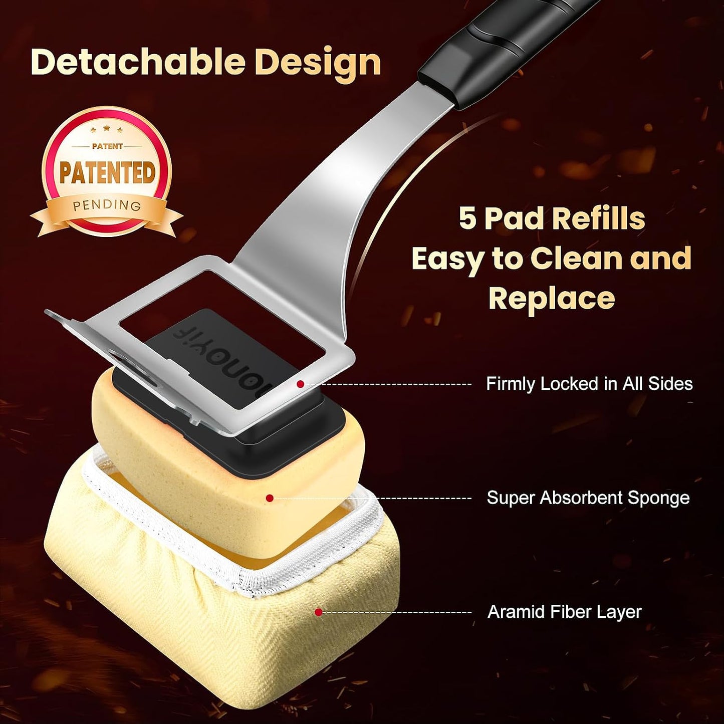 Grill Brush Bristle Free with 5 Replaceable Pads, BBQ Grill Brush Replaceable Cleaning Head, Grill-Cleaner Brush for Cast Iron/Stainless Steel Grates, Gift for Men Dad-Red