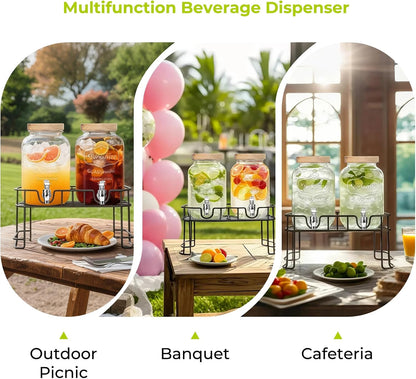DHSBTLS 2 Gallon Glass Drink Dispensers, 1 Pack Clear Beverage Dispenser for Party, BBQ and Picnic, Juice Dispenser with Ice Core, Black Stand, Spigot, Markers and Chalkboard