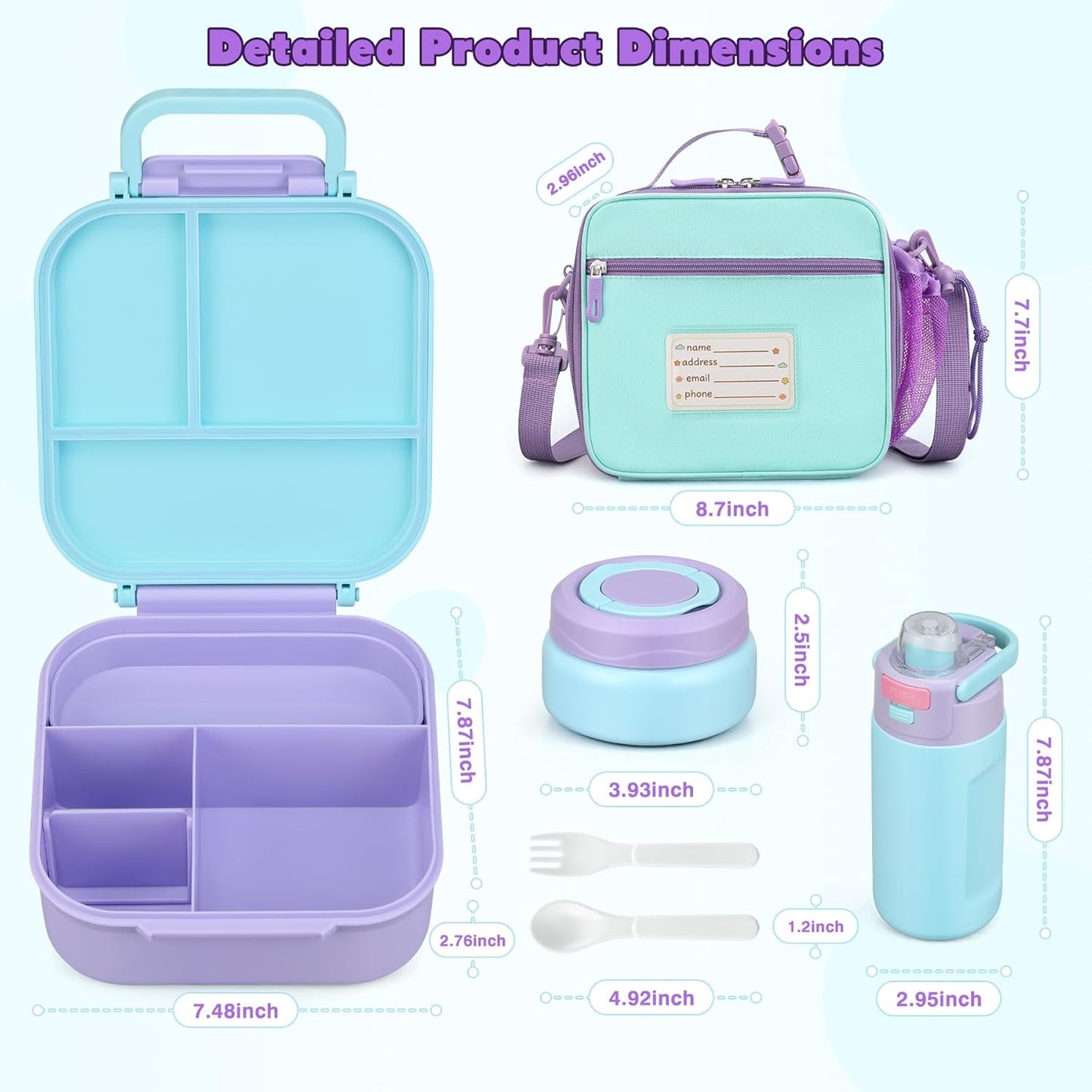 Bento Lunch Box for Kids with 7oz Soup Thermo,Insulated Stainless Steel Kids Water Bottle with Straw and Insulated Lunch Bag,Leak-Proof Lunch Food Container with Ice Pack for School (Purple-Mermaid)