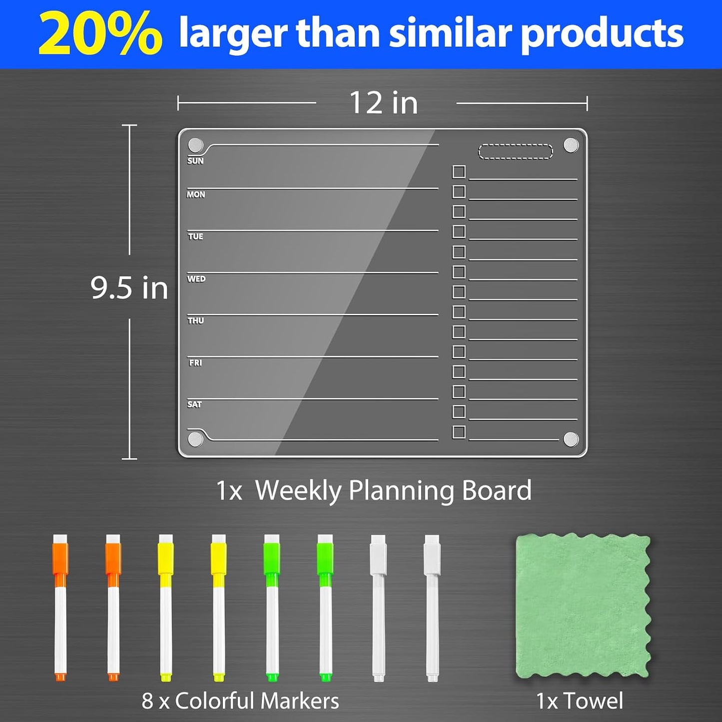 PigPotParty Acrylic Magnetic Chore Chart for Adults, 12x9.5 Inch Clear Dry Erase Chore Board for Fridge, Daily Weekly and Notes Sections, Pre-Installed Embedded Magnets, 8 Fine-tip Markers and Towel