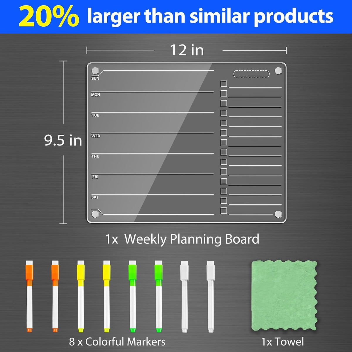 PigPotParty Acrylic Magnetic Chore Chart for Adults, 12x9.5 Inch Clear Dry Erase Chore Board for Fridge, Daily Weekly and Notes Sections, Pre-Installed Embedded Magnets, 8 Fine-tip Markers and Towel
