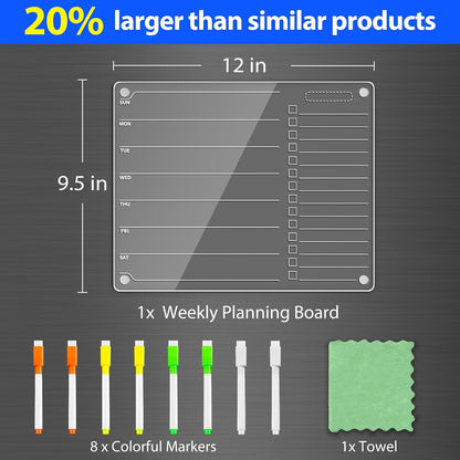 PigPotParty Acrylic Magnetic Chore Chart for Adults, 12x9.5 Inch Clear Dry Erase Chore Board for Fridge, Daily Weekly and Notes Sections, Pre-Installed Embedded Magnets, 8 Fine-tip Markers and Towel