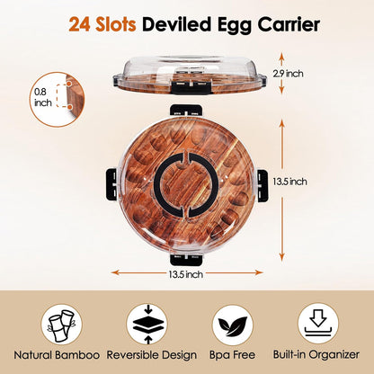 Acacia Wood Deviled Egg Carrier with Secure Snap-Lock Lid – Holds 24 Eggs for Parties,Potlucks & Picnics,Portable Serving Tray with Handle, Dishwasher-Safe Lid,Easter Hostess Gift Idea
