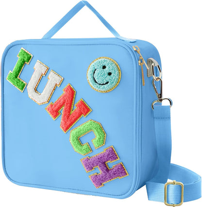 Insulated Lunch Bag With Adjustable Shoulder Strap, Nylon Preppy Lunch Box Large Insulated Lunch Bag Reusable Lunch Tote Bag with Smiley Preppy LunchBag for Girls School Travel Picnic (Green)
