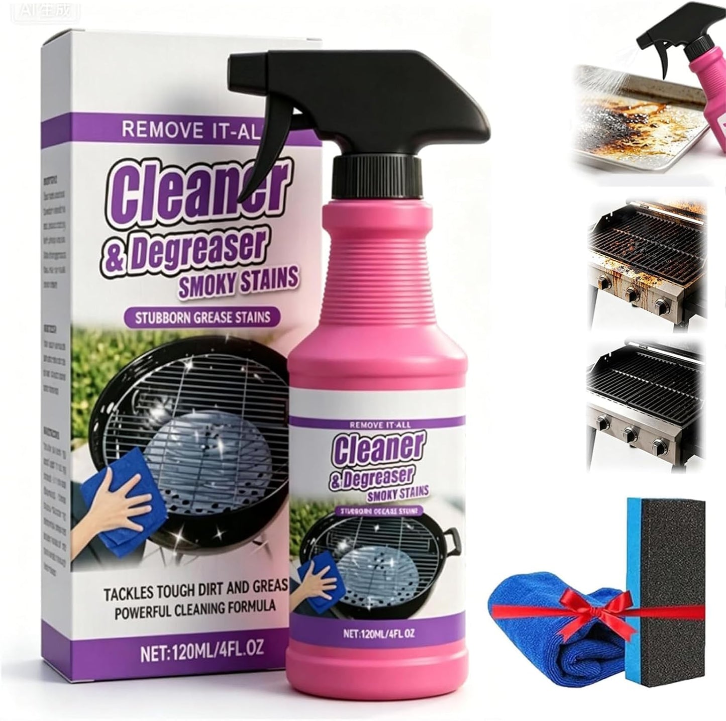 Fast-Acting Heavy-Duty Grill Degreaser Spray, 120ML BBQ Grill Cleaner Spray for Outdoor Grills, All Purpose Oven Degreaser Cleaner for Barbecue Grills,Smoky Stains and Stubborn Grease