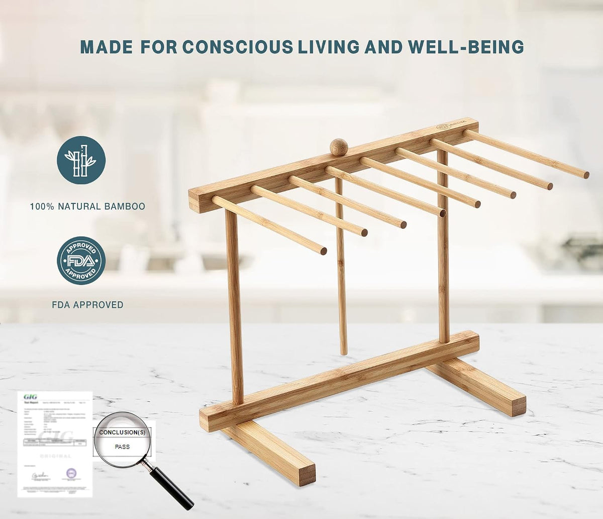 Bamboo Pasta Drying Rack with 8 Bars and Transfer Wand, Easy to Transfer for Drying Pasta and Cooking, Special Suspension Design for Large Storage