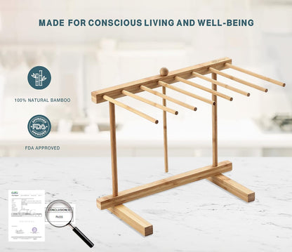 Bamboo Pasta Drying Rack with 8 Bars and Transfer Wand, Easy to Transfer for Drying Pasta and Cooking, Special Suspension Design for Large Storage