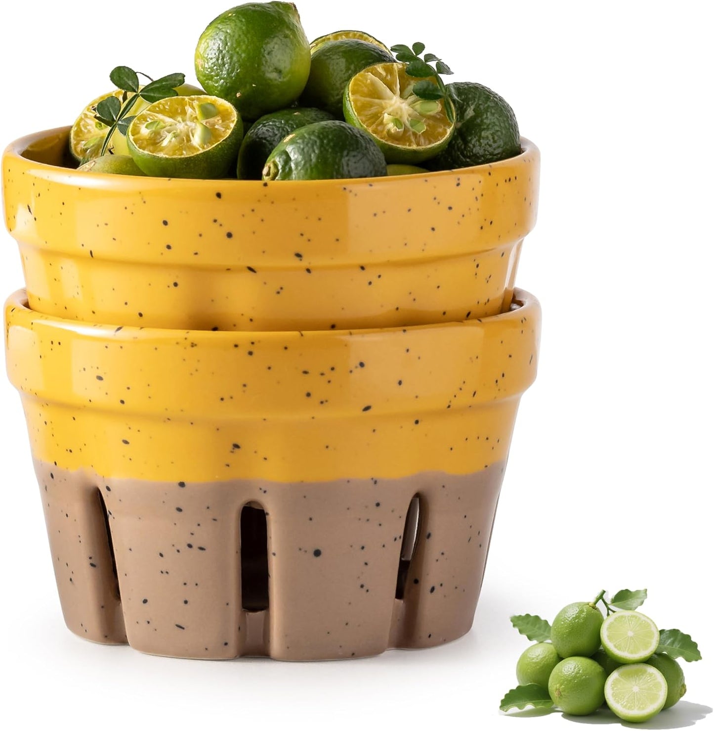 Gomakren Berry Bowls with Holes Ceramic, Berry Washing Bowl Basket Set of 2, 5.8 Inch Round Fruit Bowl Storage Containers, Strawberry Baskets, Farmhouse Kitchen Decor, Yellow + Brown