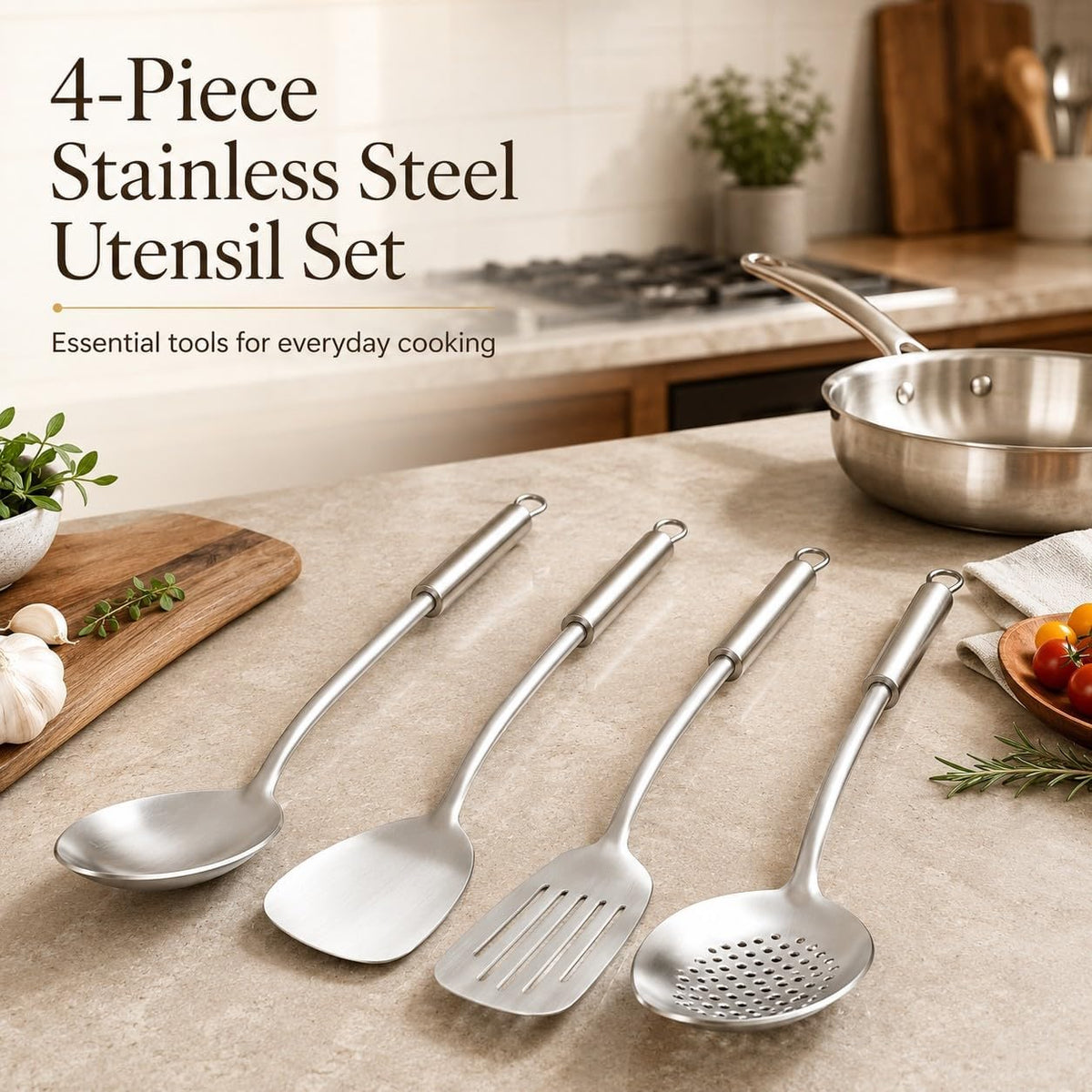 Pleafind 𝟑𝟑% 𝐎𝐅𝐅 Cooking Utensils Set - 4 Pcs Stainless Steel Kitchen Utensils Set with Solid Turner, Slotted Turner, Serving Ladle, Slotted Spoon, Wok Utensils Set with Heat Resistant Handle