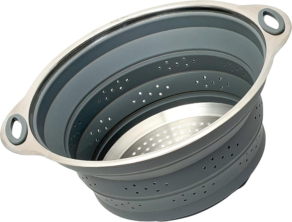 Collapsible Silicone & Steel Colander, Strainer, Large, Gray