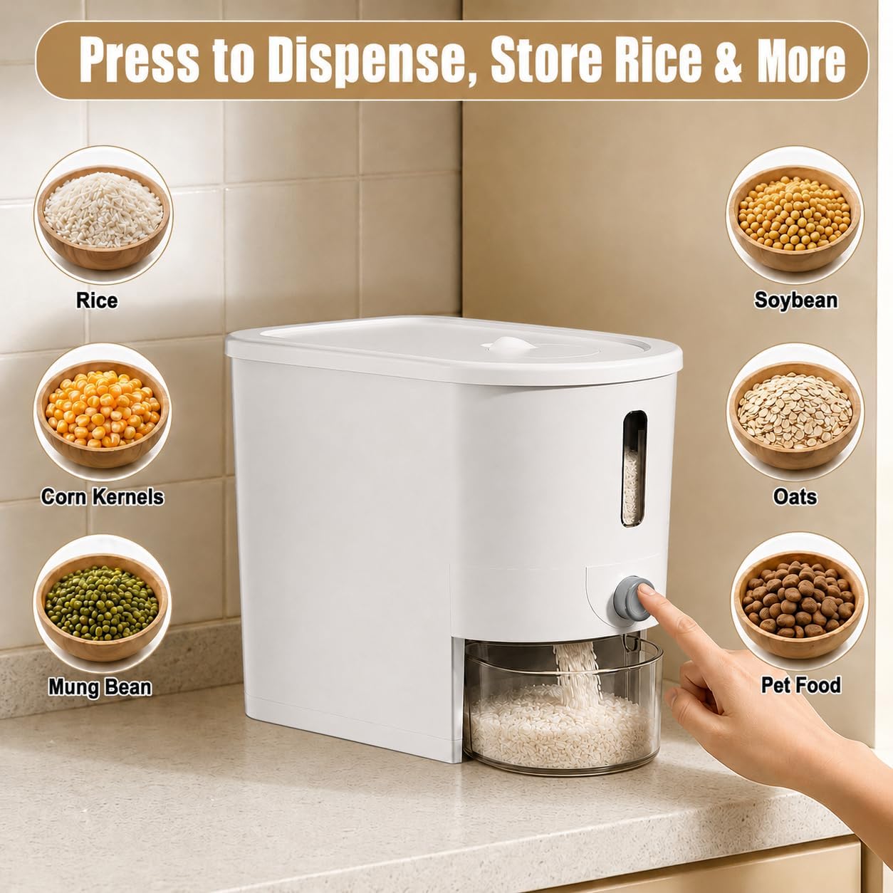 Rice Storage Container with Measuring Cup, Food Grain Dispenser for Dry Goods, Multi-Purpose Kitchen Pantry Storage Box (Transparent-10 pounds)