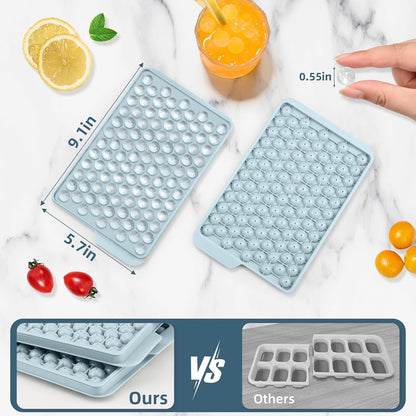 WIBIMEN Mini Ice Cube Trays, 0.55” Tiny Pebble Ice for Iced Coffee & Cocktails, Fast Chill, Easy Twist Release, Stackable with Lid & Storage Bin (2 Pack, Blue)