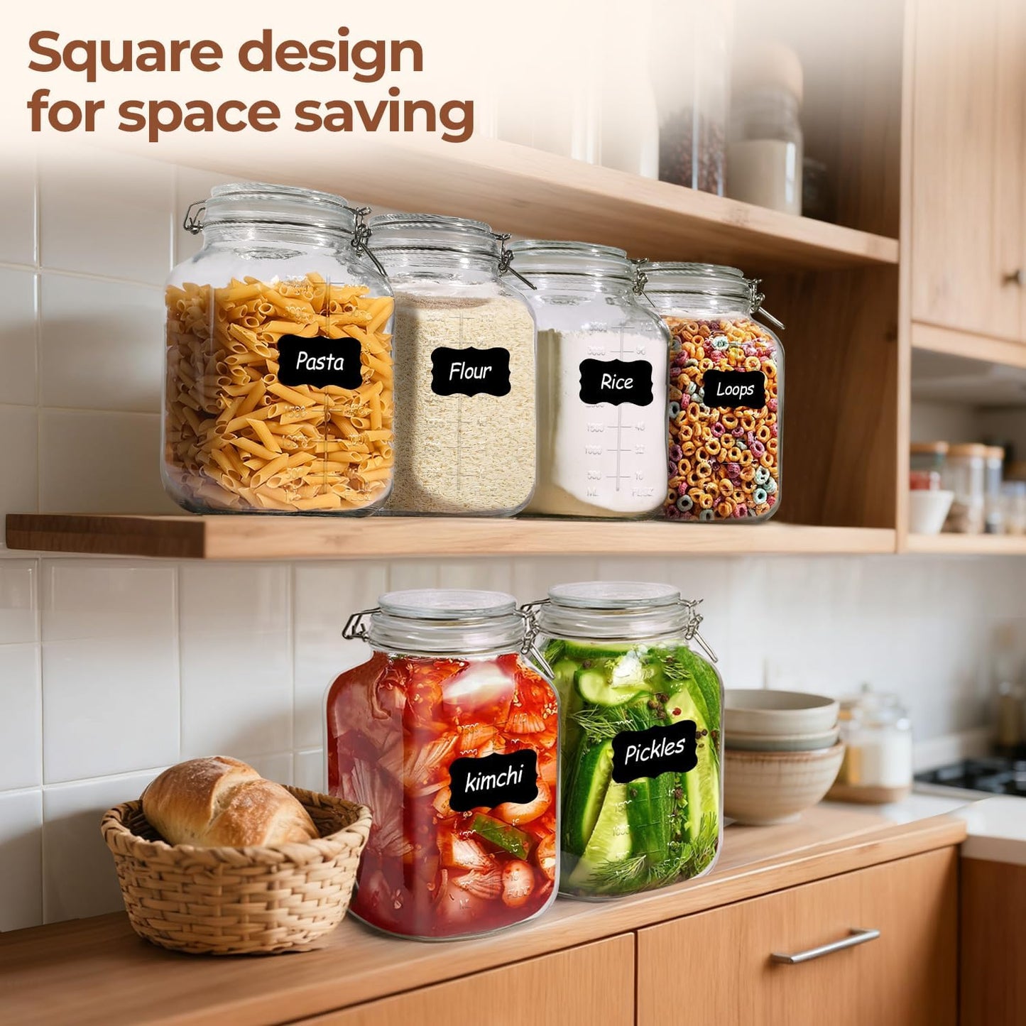 ComSaf Set of 3 Square Glass Jars with Airtight Lids (51 Oz) — Wire Clamp Canisters for Small-Batch Pickling, Kimchi, Bulk Dry Food, Wide Mouth Space Saving Kitchen Pantry Organization Jars