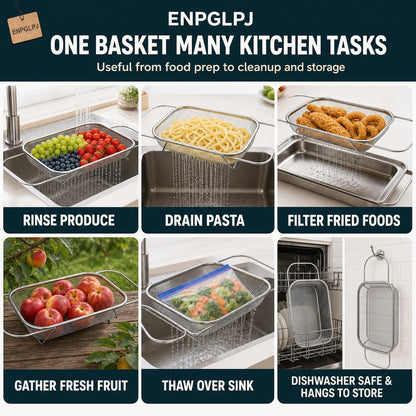 Stainless Steel Expandable Over-The-Sink Colander Basket Mesh Strainer