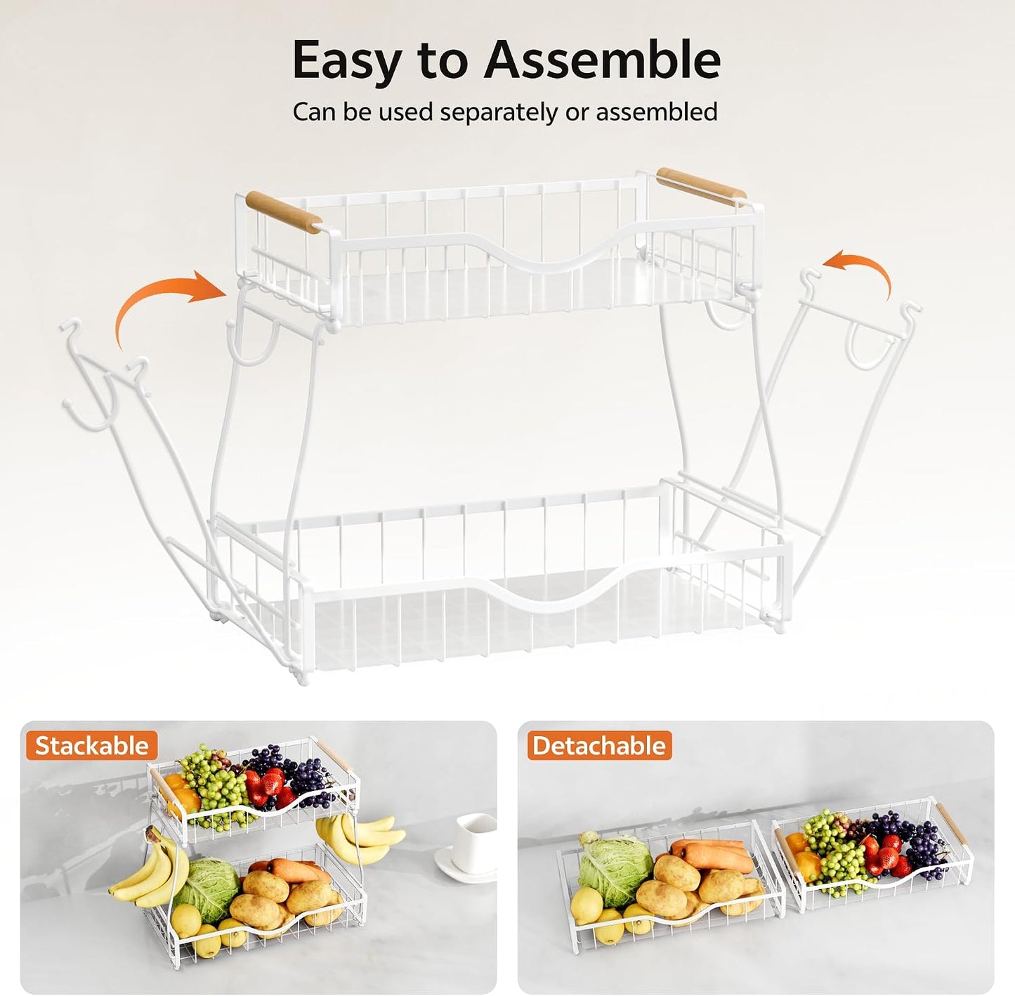 3 Tier Fruit Basket for Kitchen Countertop with 2 Banana Hangers,Detachable Metal Fruit Bowl with Wooden Handles and Protective Pads,Large Capacity Fruit and Vegetable Basket Organizer,Black