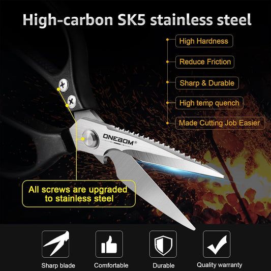 ONEBOM Kitchen Shears 2 Pack,Multi-Function Kitchen Scissors Heavy Duty Sharp 304 Stainless Steel, Apartment Kitchen Accessories Cooking Shears for Chicken,Meat,Fish,Poultry(Sliver)
