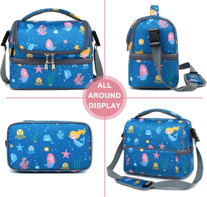 FlowFly Kids Double Decker Cooler Insulated Lunch Bag Large Tote for Boys, Girls, Men, Women, With Adjustable Strap, Unicorn
