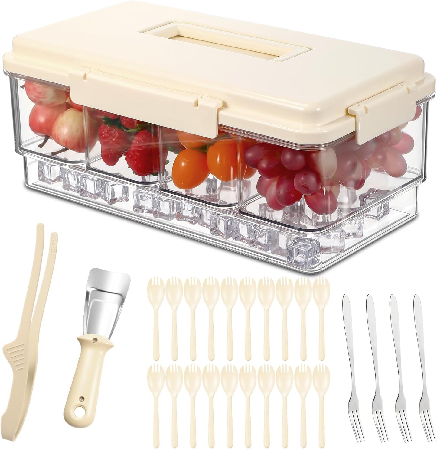 Chilled Condiment Caddy with Handle 4 Containers Taco Bar Serving set for a Party 1 Tong, 1 Ice Scraper, 4 Metal Forks, 20 Spoons for Mimosa Bar Supplies Accessories(Pink)