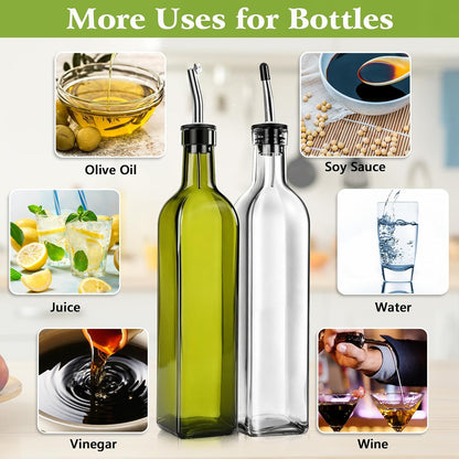 Leaflai 17oz Olive Oil Dispenser Bottle, 500ml Oil & Vinegar Cruet with 2 Stainless Steel Pourers, 2 Labels,1 Brush and 1 Funnel for Kitchen