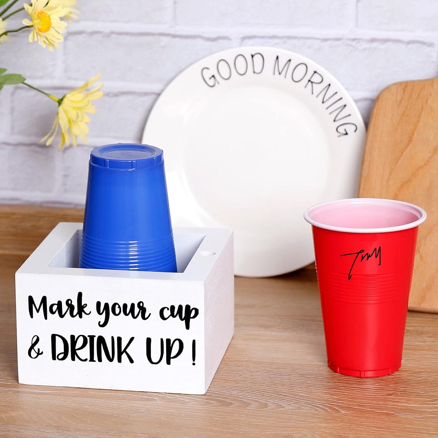 Single Cup Holder with Marker Slot Party Cup Dispenser Mark Your Cup and Drink Up Drink Dispensers for Parties Housewarming Hostess Gift Cup Holder Countertop 2 Sides Designs