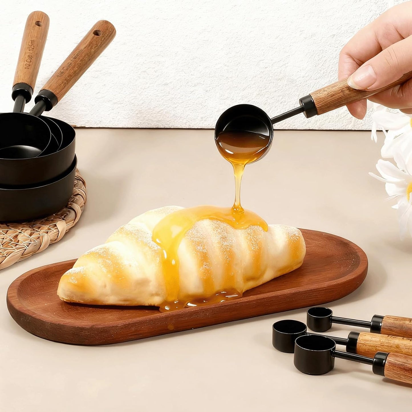 SHENLIU 8 Pcs Measuring Cups and Spoons Set, Black Stainless Steel Measuring Cups with Wooden Handle, Metal Measurings Spoons Set Nesting Kitchen Measure for Kitchen Baking