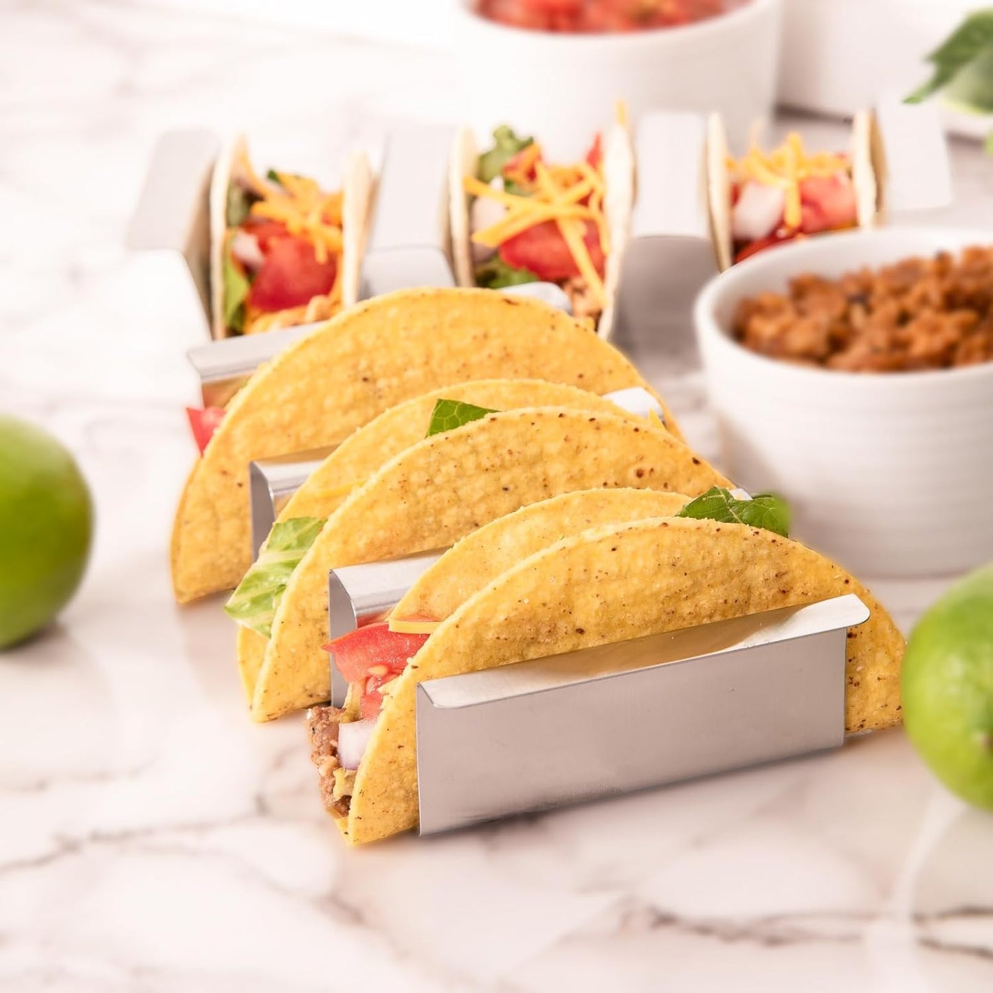 Stainless Taco Holders Set of 4 Stand Holders for 3 Tacos, Easy to Clean, Dishwasher Safe, Street Taco Ready